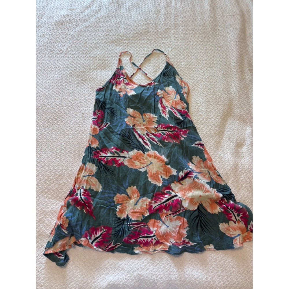 Roxy Tropical Hibiscus Floral Mini Dress Teal Pink Cross Back Summer Size Small